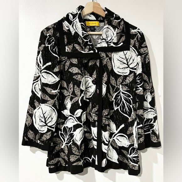 St.‎ John Wool Blend Leaf Print Knit Cardigan Jacket Brown White 12 - Picture 1 of 9